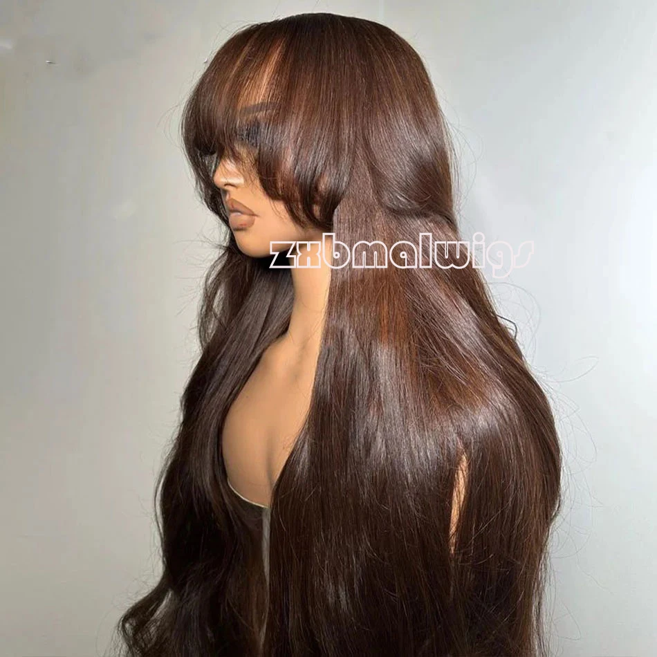 شعر مستعار صناعي بني بلون الشوكولاتة مع غرة، شعر مستعار بدانتيل أمامي للنساء ذوات البشرة السمراء، شعر أطفال منزوع مسبقًا يوميًا