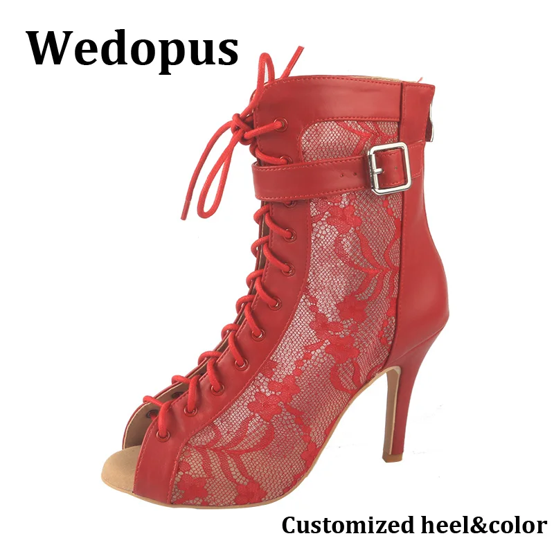 

Wedopus Fashionable PU and Lace Red Dance Shoes High Heels Flat Rubber Sole Peep Toe Dancing Boots Outdoor