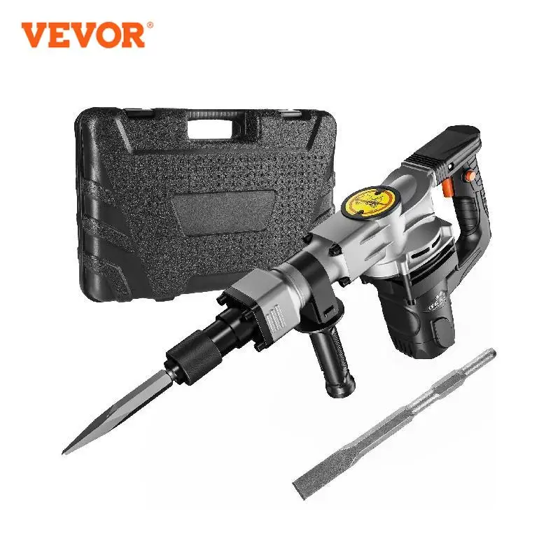 VEVOR Electric Heavy Demolition Jack Hammer 1400W 2pcs Chisels Bits Chipping with Case 2900 BPM Concrete Breaker Gloves Black