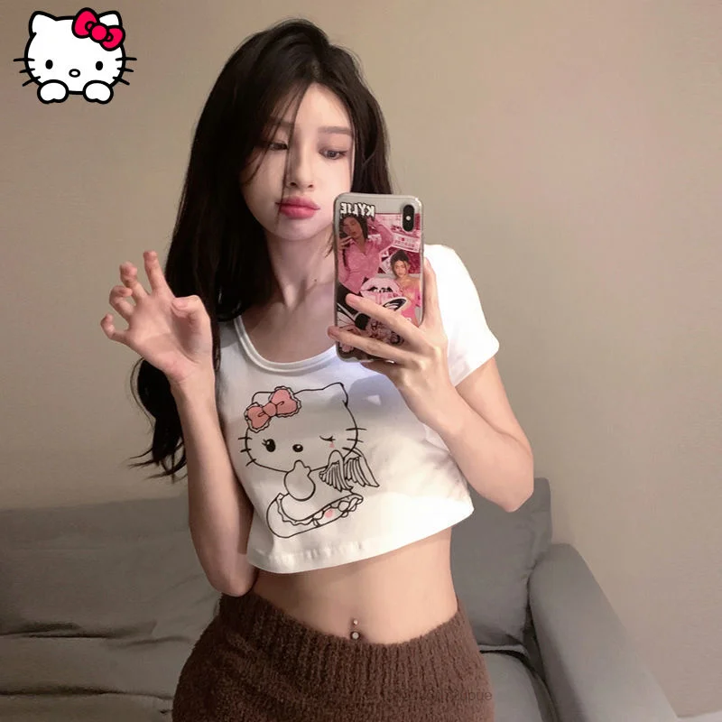 

U-neck Short Sleeve T-shirt Women Summer Clothing New Spice Girl High Waist Exposed Navel Collarbone Crop Top White Hello Kitty