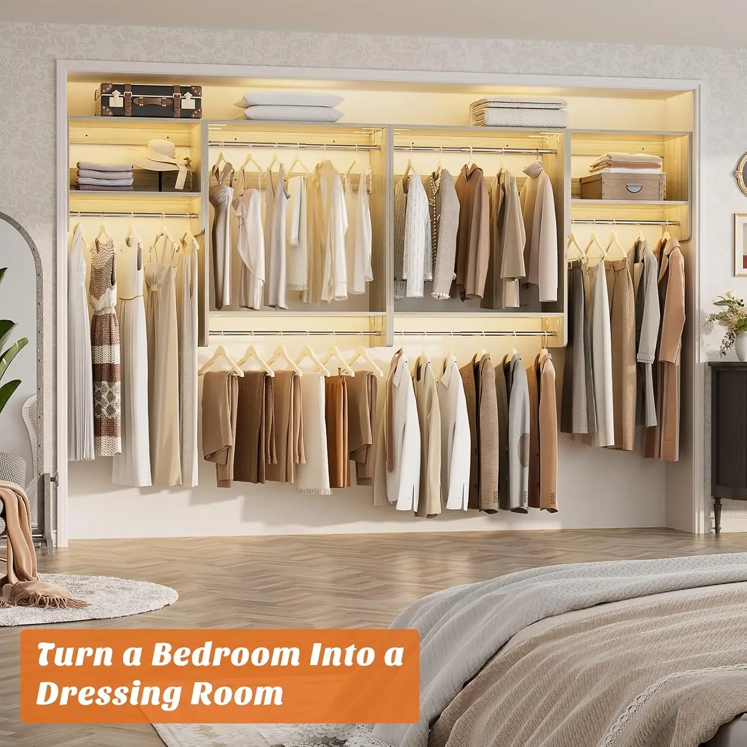 36” - 60” Closet System, 5FT Walk in Closet Organizer Starter Kits with 3 Hanging Rod and 3 Shelves, Heavy Duty Reversible Wood