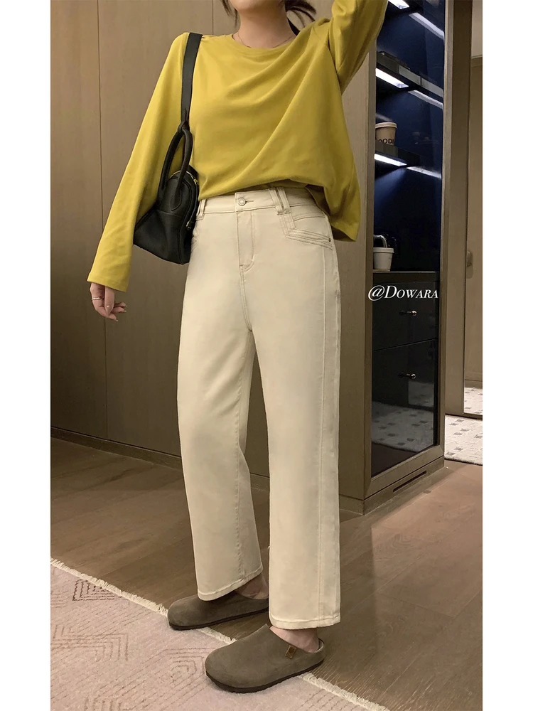 

Джинсы с высокой талией и прямыми штанинами больших размеров для женщин, утягивающие, эластичные, из денима, повседневные, синие, средней эластичности