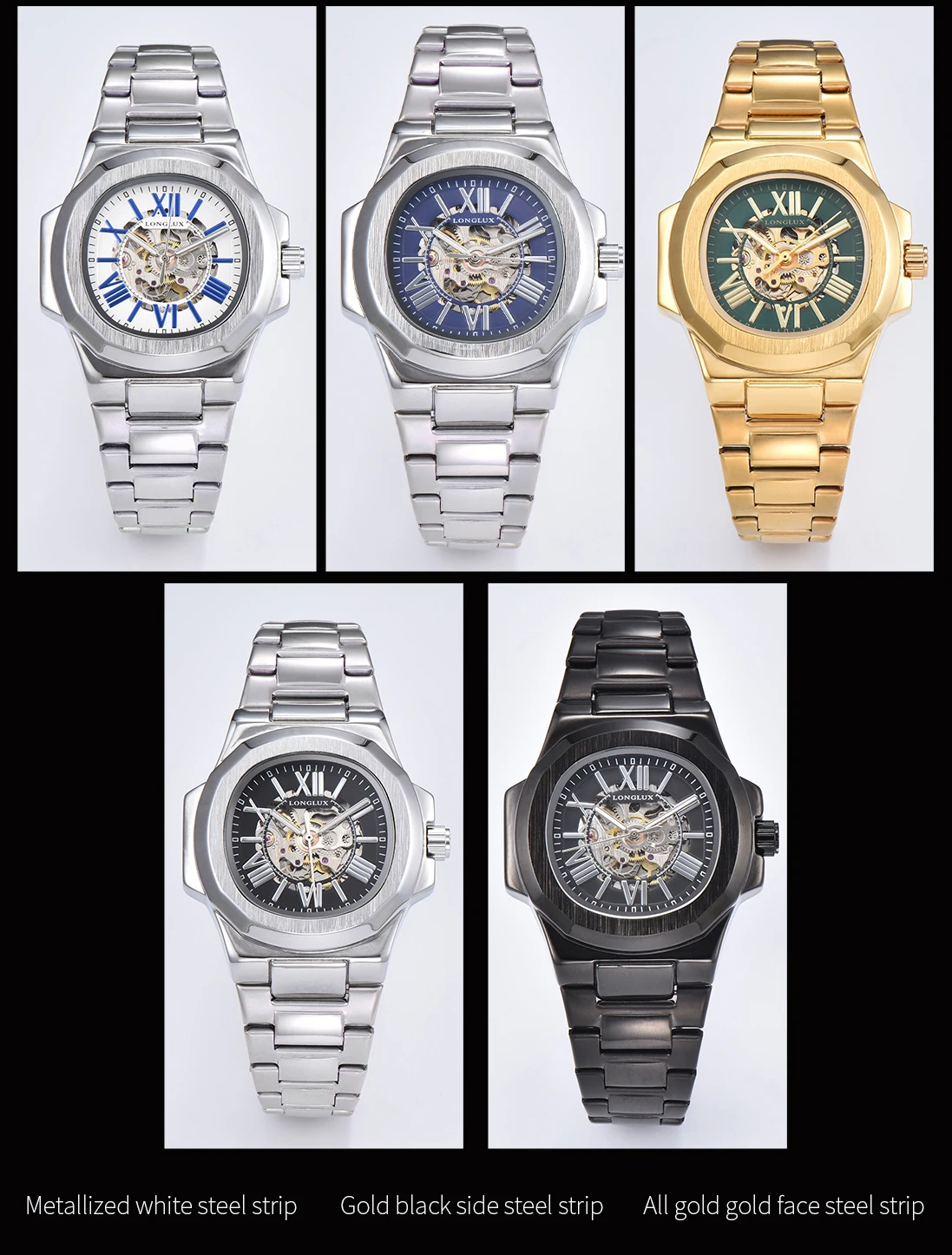 LONGLUX HOT SALE NEW Automatic Mechanical Men Watch Rome Business Waterproof Skeleton Luminous Stainless Steel Gift Watch
