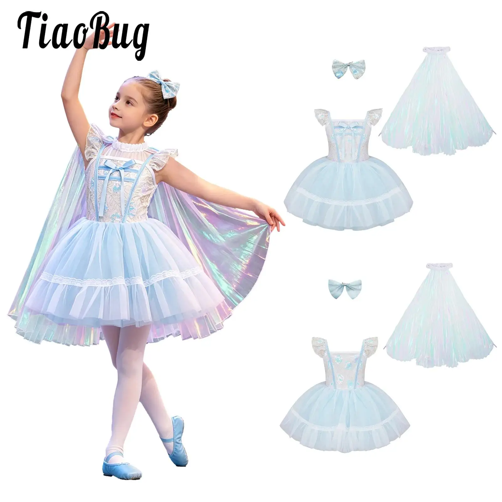 

Kids Girls Princess Tutu Dance Performance Outfit Fly Sleeves Bow Sequin Bodice Layered Tulle Dress with Shimmery Cloak Headwear