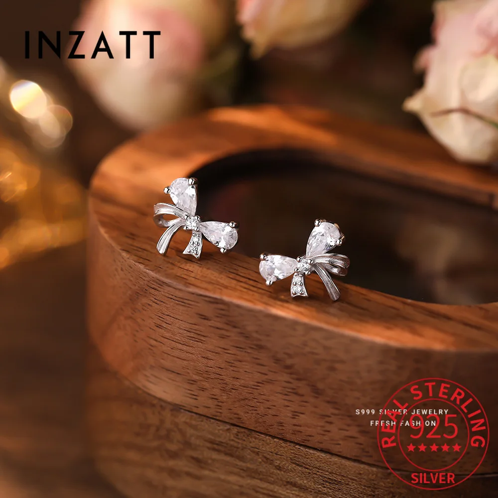 

INZATT Real 925 Sterling Silver Zircon Bowknot Mini Stud Earrings for Women Classic Fine Jewelry Minimalist Accessories