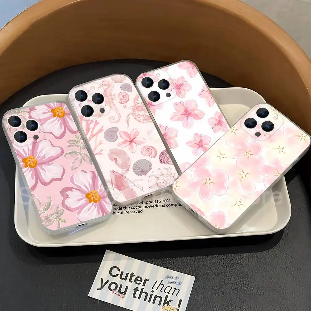 

Pink Hibiscus Flower Pattern Phone Case For iPhone 17,16,15,14,13,12,11 Pro,Max,Plus,X,XS,XR,SE4,E Mini Transparent Soft Cover
