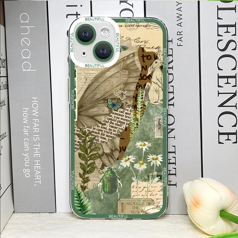 Green Retro Flower Stickers Phone Case for IPhone 16 11 12 13 Pro Max Mini 7 8 16 Plus SE20 X XS XR Soft TPU Clear Covers Fundas