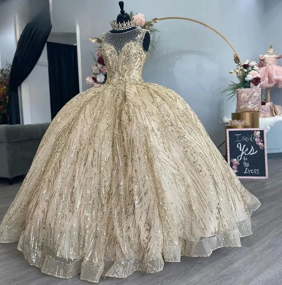 

Champagne Charro Quinceanera Dresses Ball Gown Sheer Sparkly Lace Beaded Mexican Sweet 16 Dresses 15 Anos