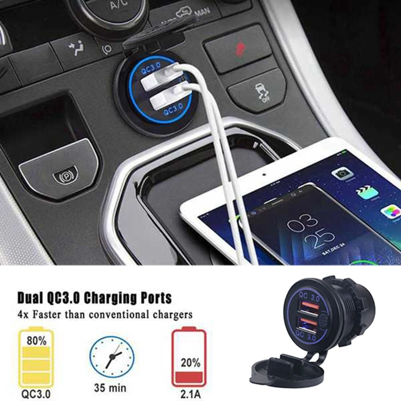 QC3.0 soket pengisi daya mobil, pengisi daya Cepat Outlet mobil USB ganda tahan air 12V/24V 36W dengan tombol saklar