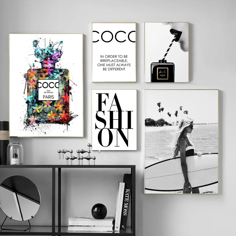 يقتبس الموضة المشارك طباعة امرأة العطور الرسم على لوحات القماش الجدارية أسود أبيض صور لغرفة المعيشة ديكور المنزل لا الإطار