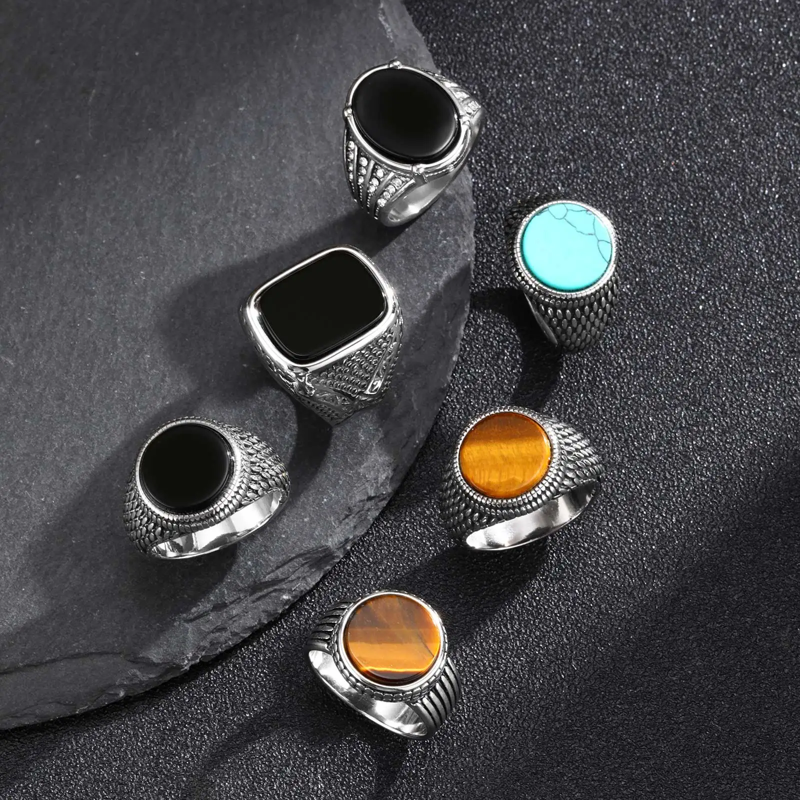 Geometric Turquoise Tiger Eyes Natural Stone Ring for Men, Chunky Stainless Steel Signet Rings, Fashion Punk Finger Jewelry Gift - view 2