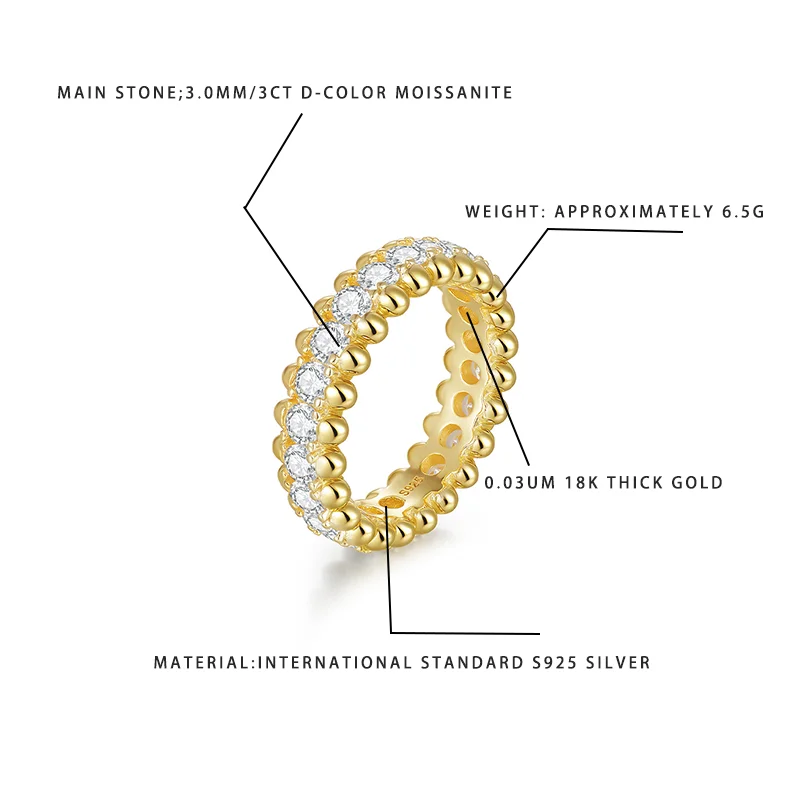 

Кольцо с муассанитом 3CT цвета D, серебро S925, позолота 18K толщиной 0.03UM, дизайн с бусинами, ювелирное изделие