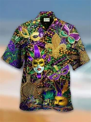 Vintage 3D Print Shirt For Men Women Mardi Gras Party Hawaii Shirts Happy Aloha Button Lapel Top Beach Blouse Best Summer Gifts