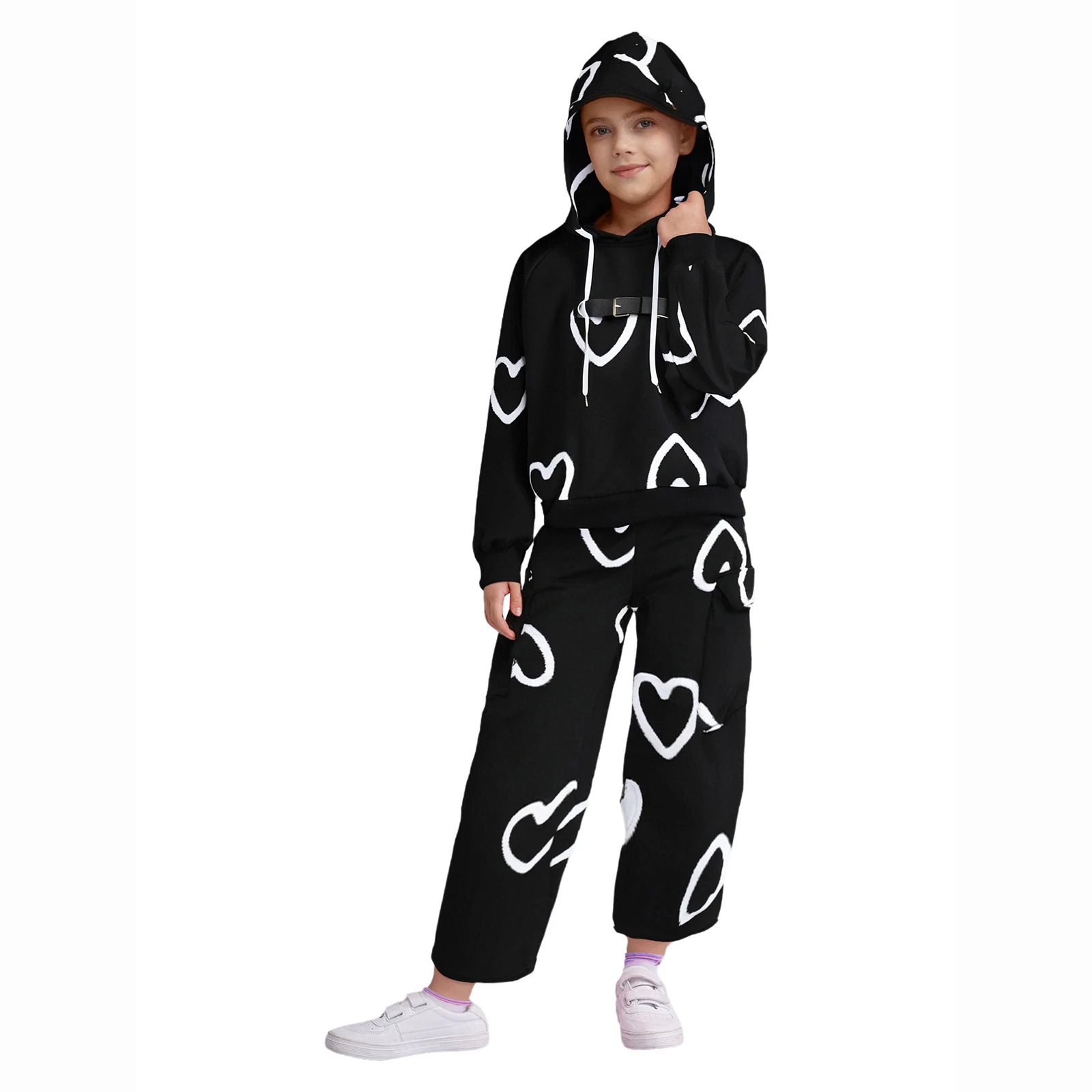 Crianças meninas 2 peça agasalho mangas compridas moletom com capuz e calças coração impressão moda outfit hip hop dança roupas casuais