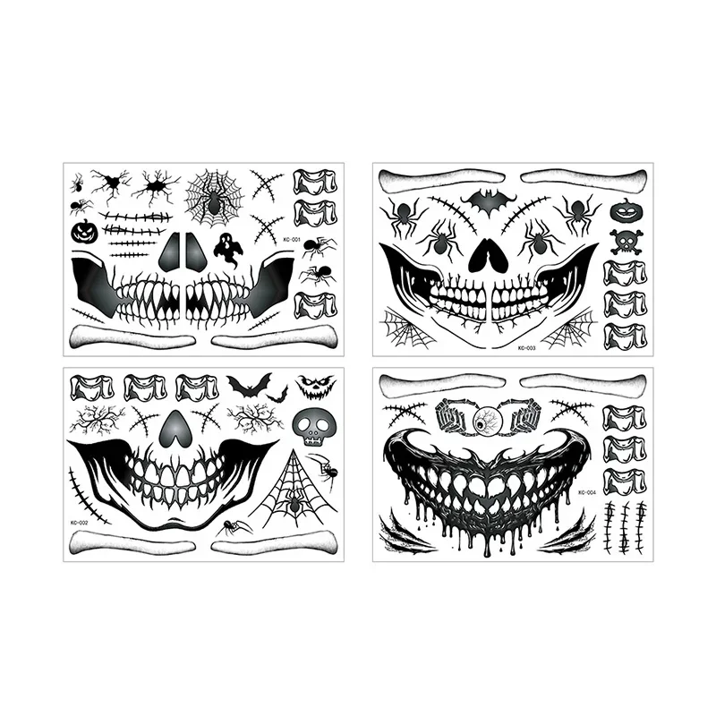 4Sheets/Set Makeup Ball Halloween Scar Horror Face Stickers Funny Skeleton Temporary Tattoo Stickers Waterproof Tattoos Sticker