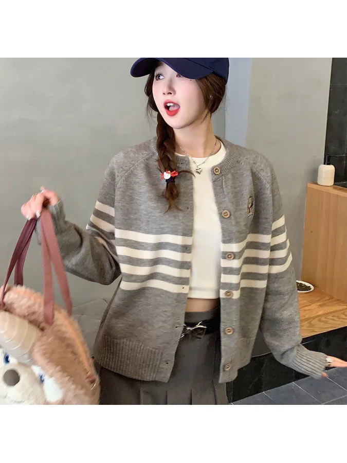 Korean Style Color Block Knitted Sweater Soft Comfortable round Neck Fashionable Versatile Open Cardigan Women's Outerwear