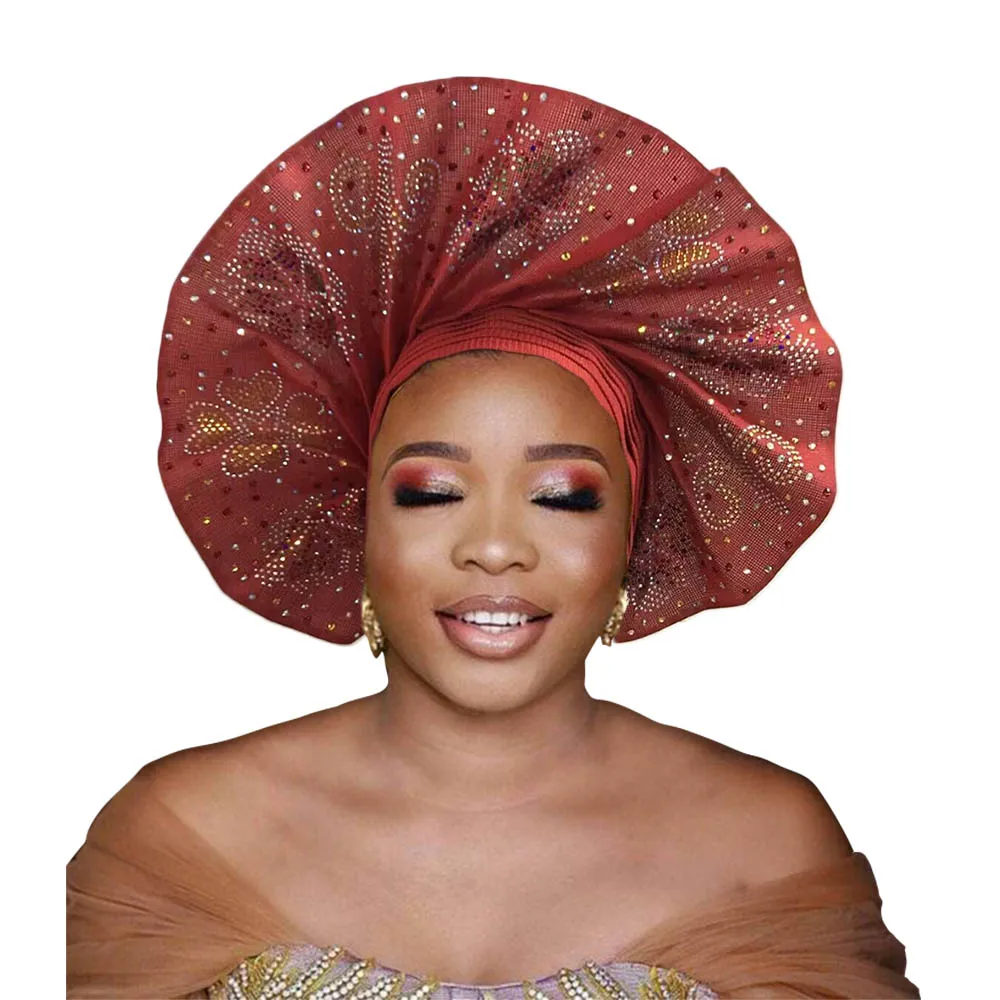 Gele automático africano para boda tradicional Nigerial Aso Oke Fan Shap Headwear