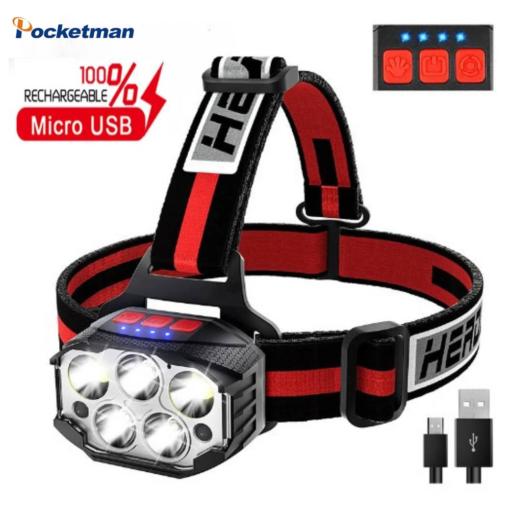 

Highlight 5 LED Sensor Headlamp USB Rechargeable Headlight with Red Light Outdoor Waterproof Camping Head Flashlight