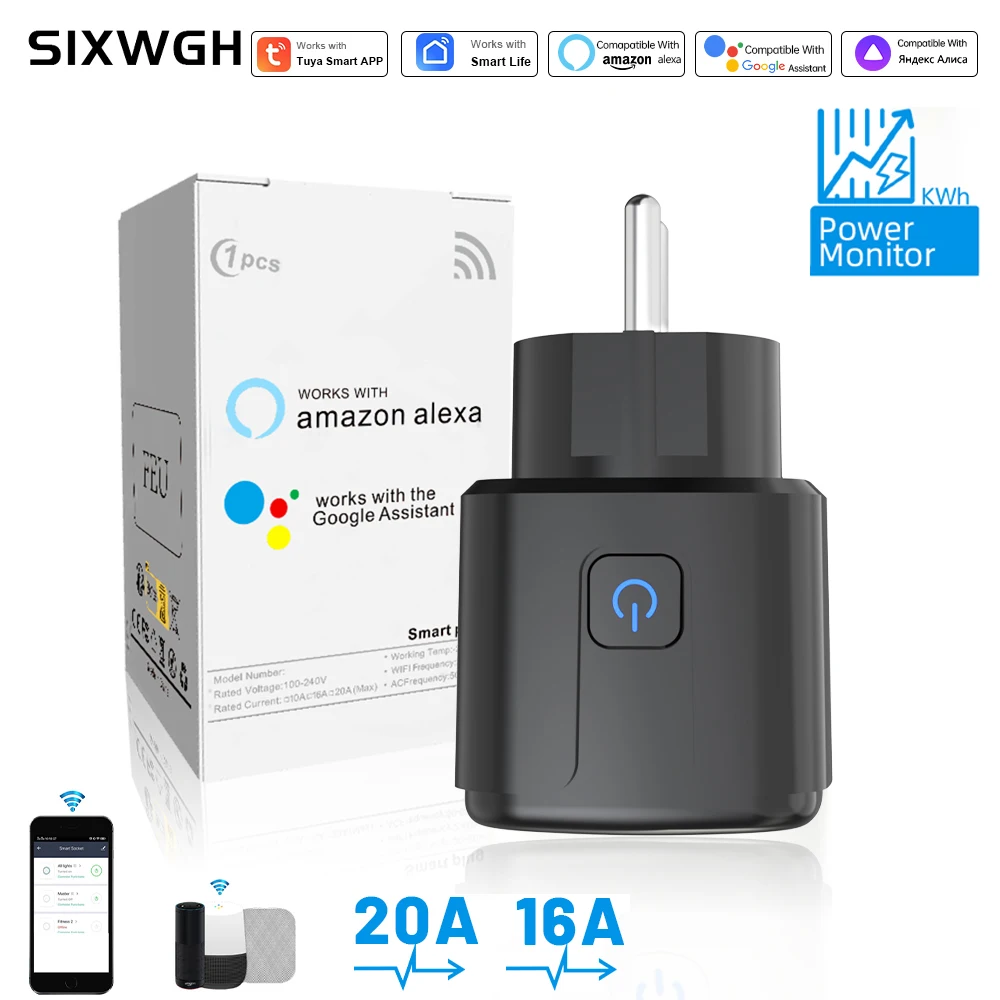 Tuya Smart Socket 2.4g WiFi Remote Control EU Version 16A/20A Voice Control Google/Alexa Timed Battery Monitoring