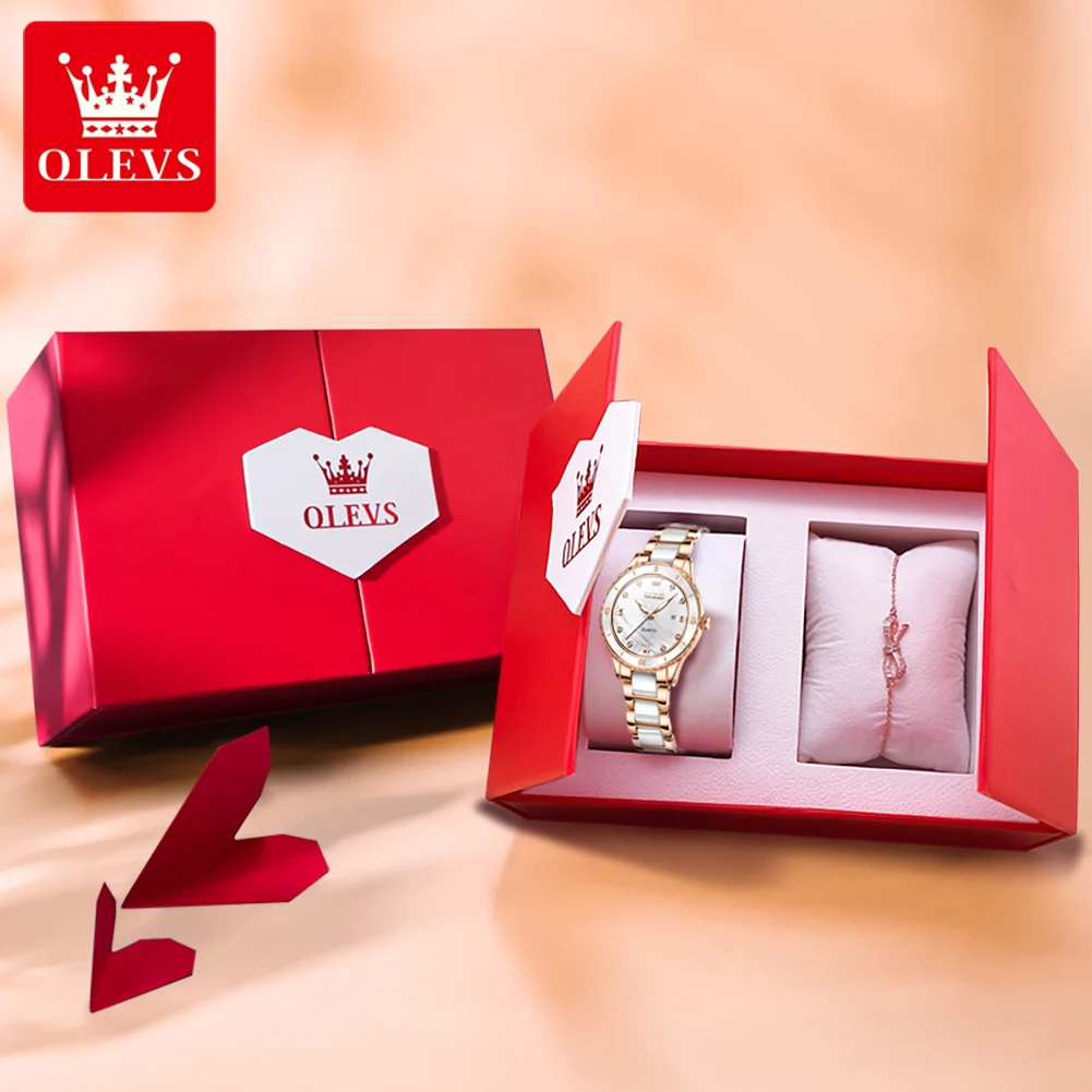 OLEVS-Montres à quartz étanches pour femmes, bracelet en céramique, calendrier Shoe, ensemble de montres originales avec diamants, marque de mode