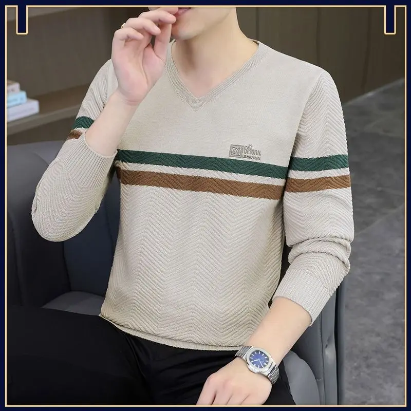 

Мужской тонкий вязаный свитер V-Ne, повседневный волнистый узор, осень-зима, для отдыха, полиэфирное волокно, длинная внутренняя одежда све