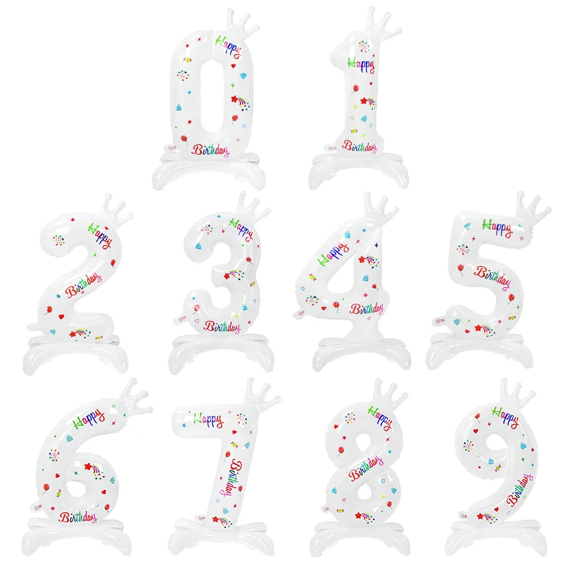 

32inch White Number Stand Foil Balloon Number 0-9 Balloons With Crown Happy Birthday Party Baby Shower Air Globos Decorations 7z
