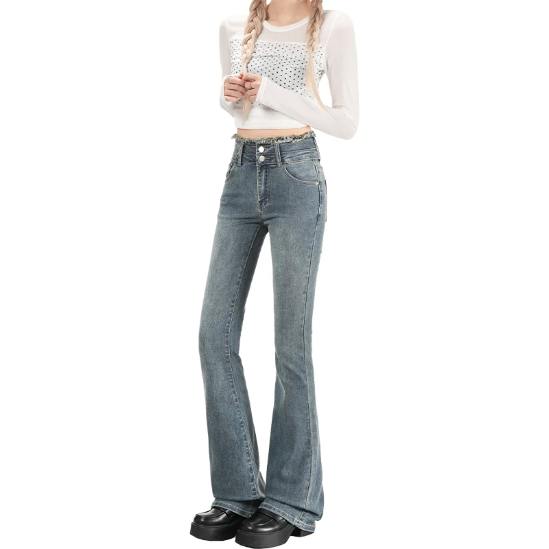 Y2K المتعثرة هيم متوهج الجينز المرأة خمر الدنيم قيعان منحنى الاغراء العصرية السراويل المألوف خمر نمط