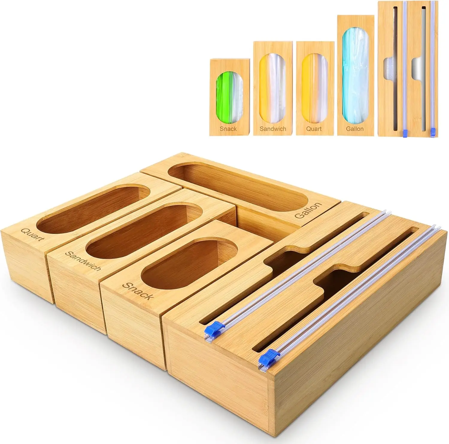 

Bamboo Kitchen Drawer Organizer with Foil & Plastic Wrap Storage, Fits Gallon, Quart, Sandwich, Snack Bags