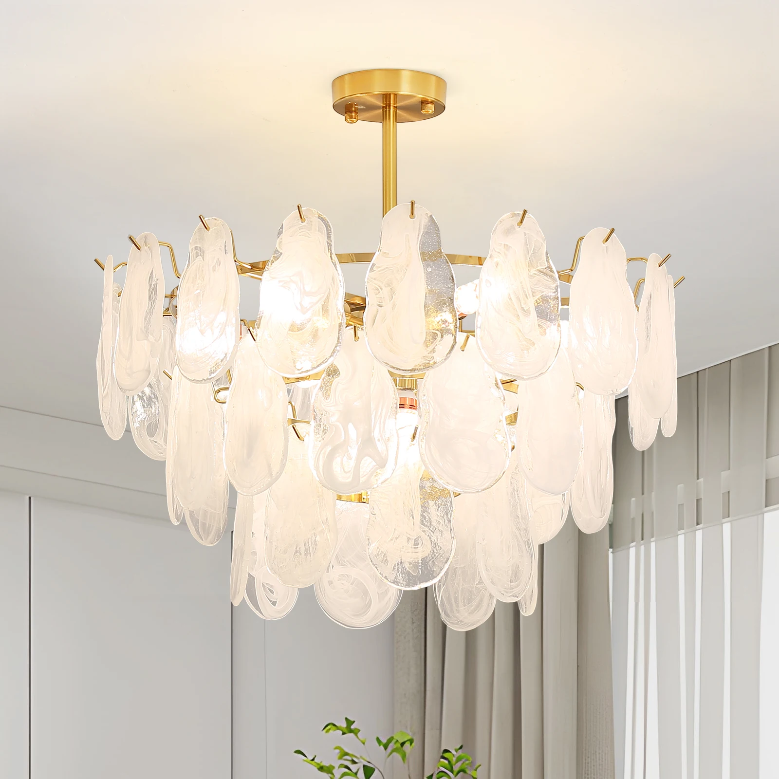 

Depuley Semi Flush Mount Ceiling Light, 20" Crystal Chandelier Ceiling Light Fixtures with 3-Tire Cloud Glass Lampshade