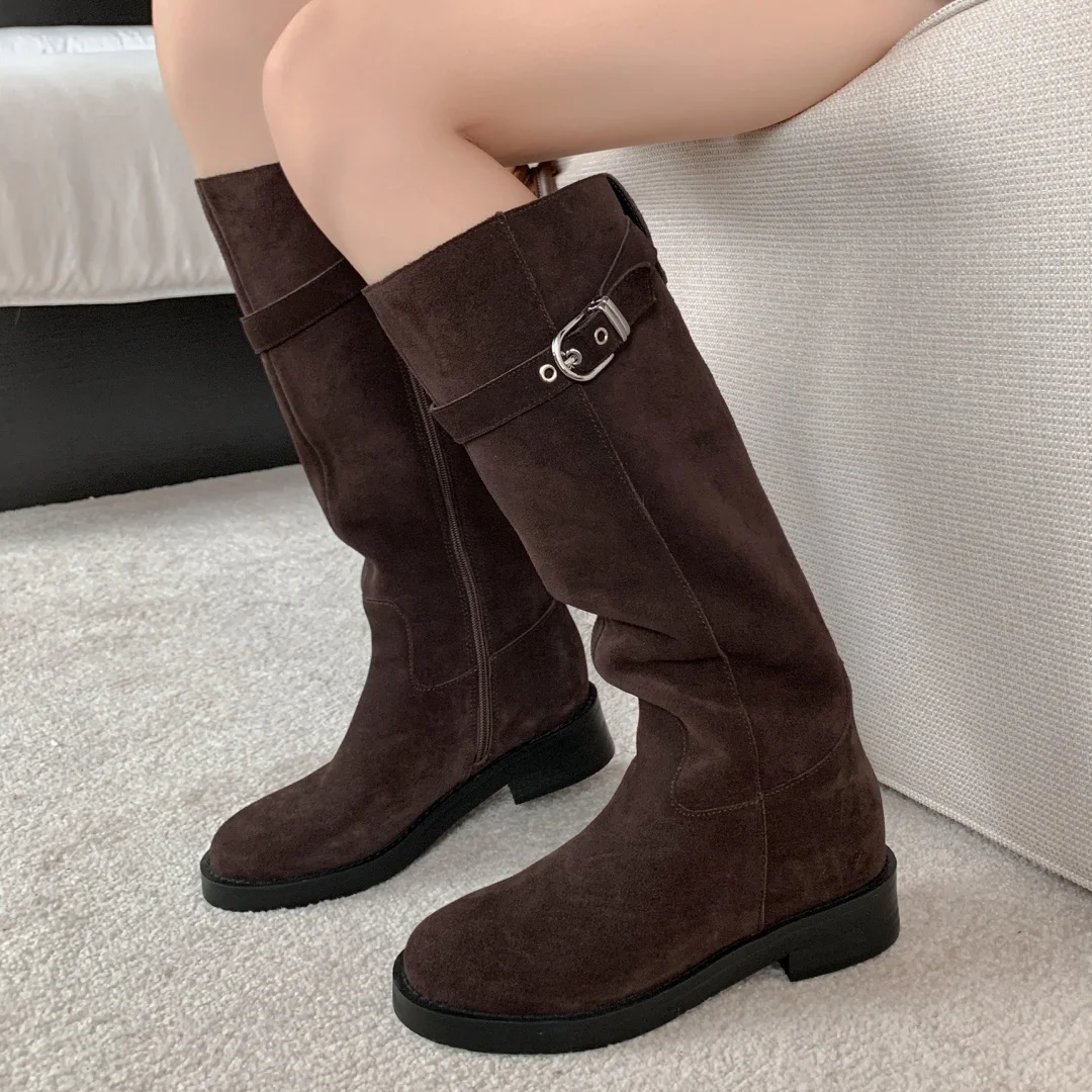 Women'a natural suede leather side zip knee high knight boots metal buckle round toe casual female flats long boots shoes woman