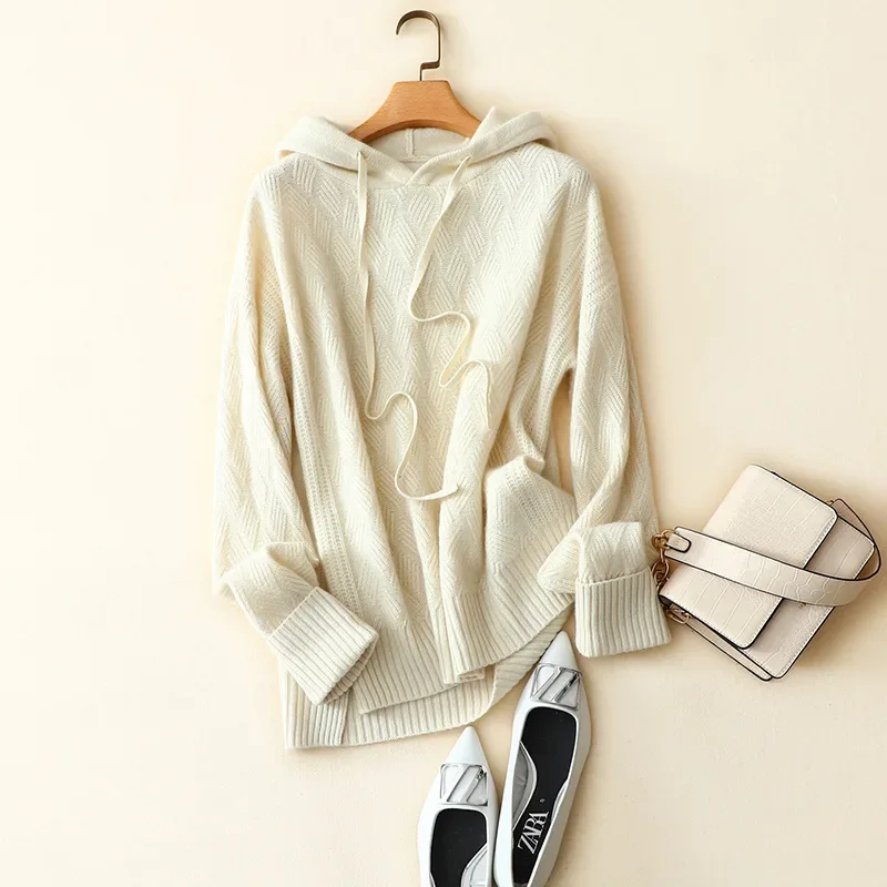

aliaga autumn winter fashion 100% cashmere hooded sweater women elegant warm solid color pullovers