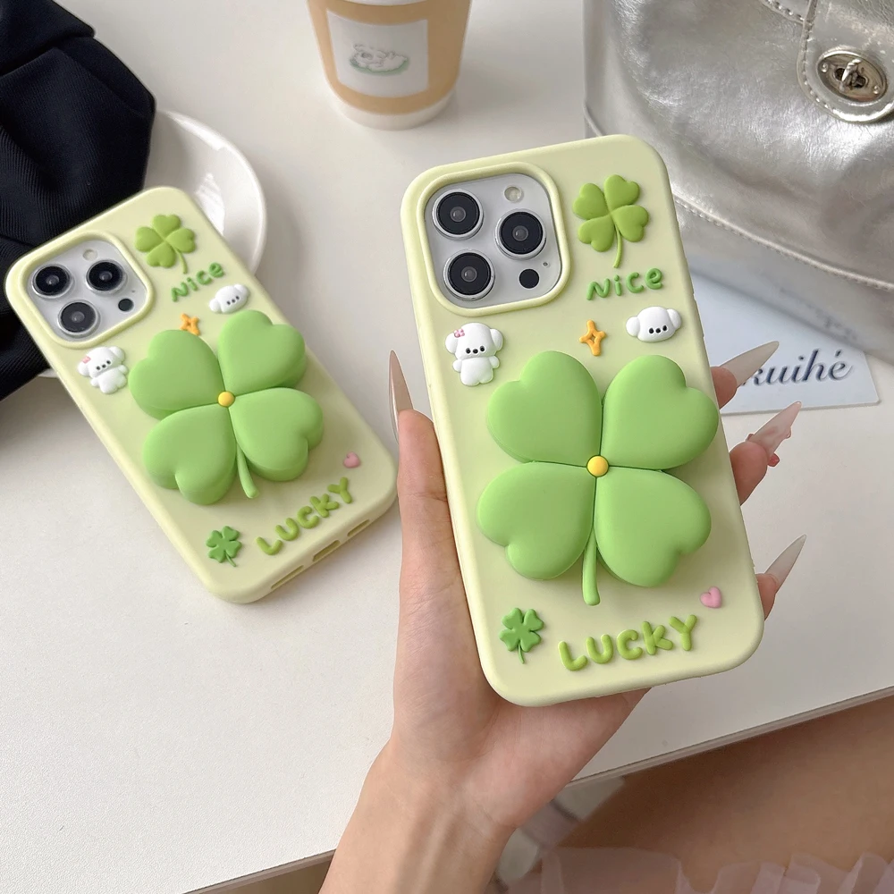 

Lucky Charm 4-Leaf Clover with Retractable Kickstand - Soft Silicone Phone Case for iPhone 12 13 14 15 16 Pro Max Phone Cover