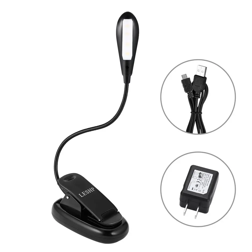 Luz recarregável do livro 4 conduziu a luz de leitura com cabo usb luz do dia flexível fácil clipe noite lâmpada de leitura na cama