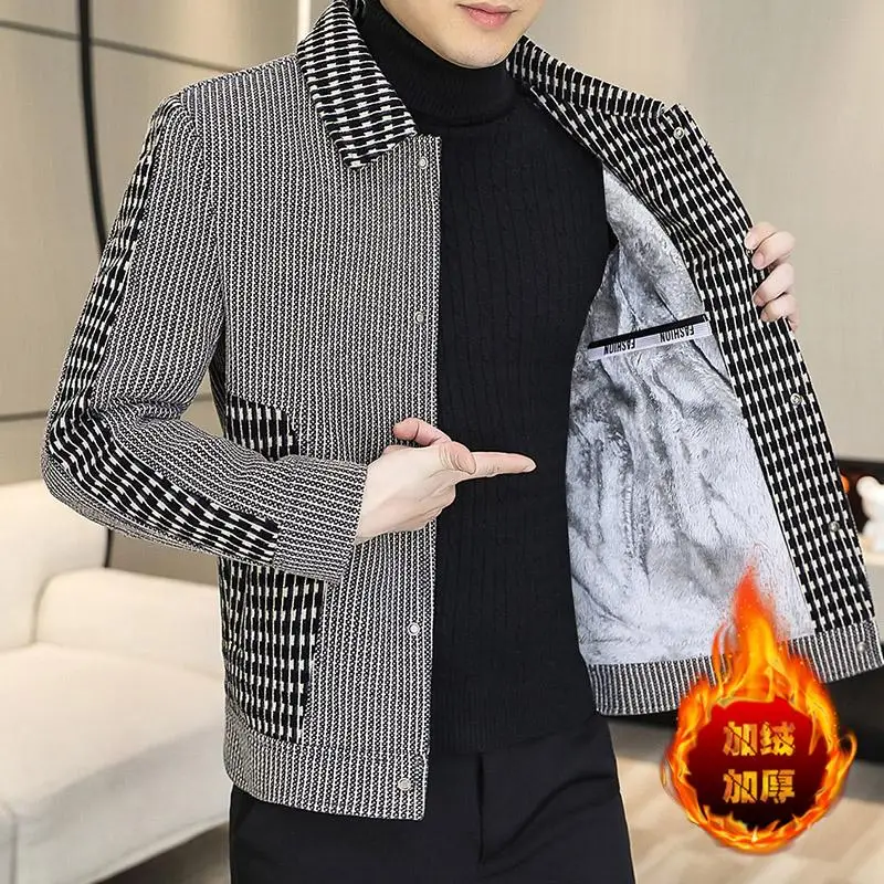 High-Quality Autumn Winter Fashion New Men\'s Casual Lapel Jacket Male Slim Plaid Thickened Warm Woolen Coat