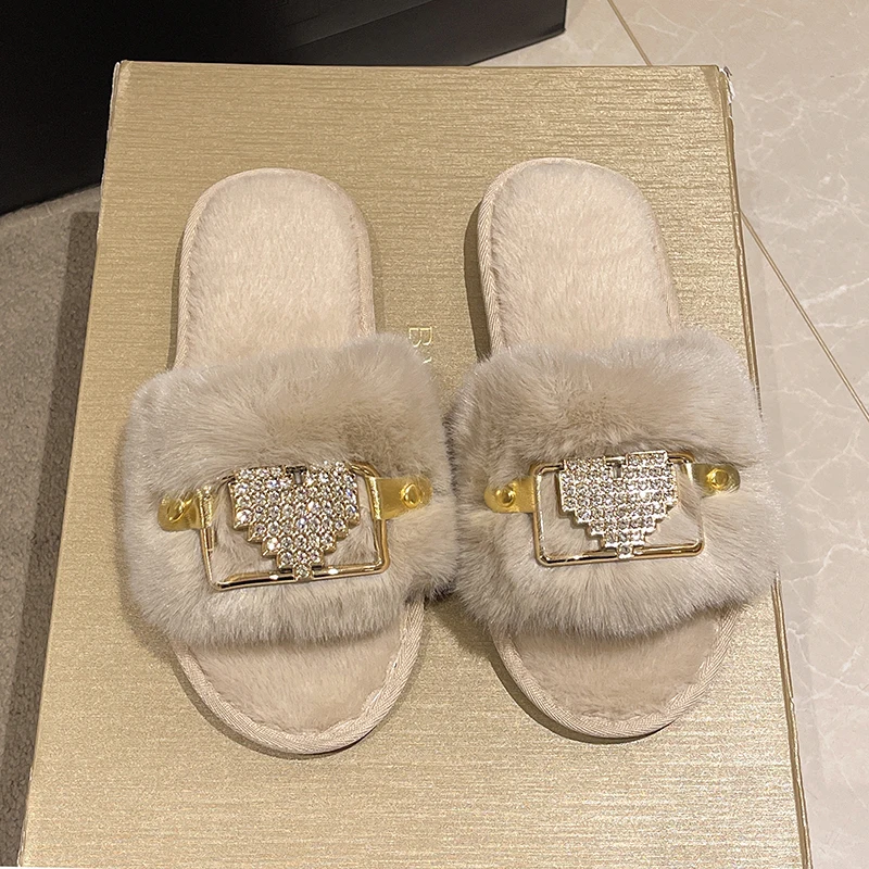 Love Chain Fluffy Women's Slippers Home Fashion Luxury Designer Shoes Woman Autumn Winter Faux Fuzzy Fur Slides Indoor Elegant