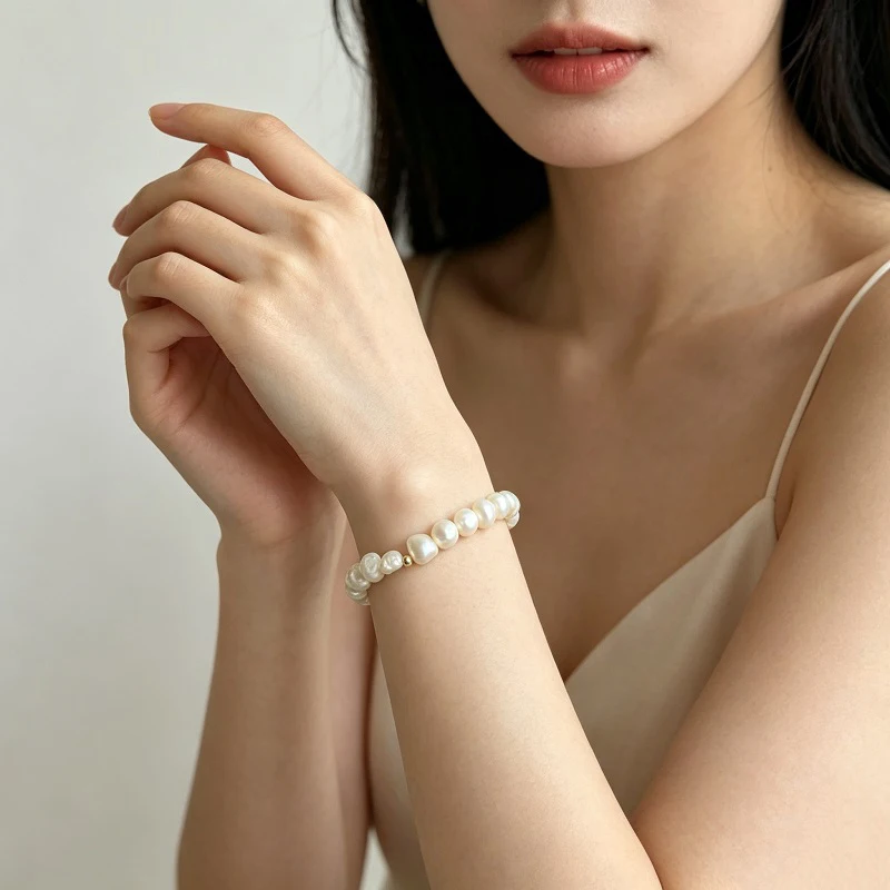 7-8mm Barocke Perle Armband Für Frauen Echte Natürliche Süßwasser Perle 925 Sterling Silber Charme Armband – Detail 4