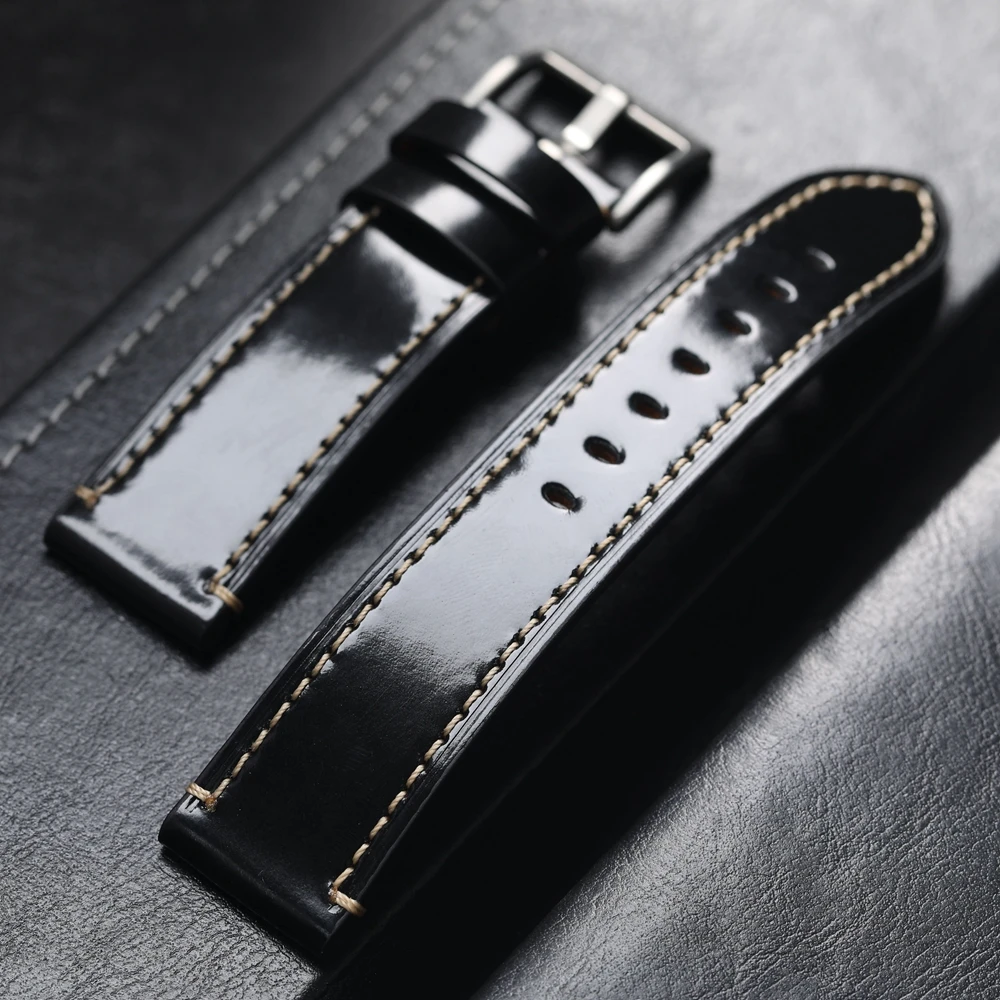 Handmade Vintage Leather Bracelet 20 21 22MM Black Soft Thickened Genuine Leather Watchband Men Soft Premium Japan Straps