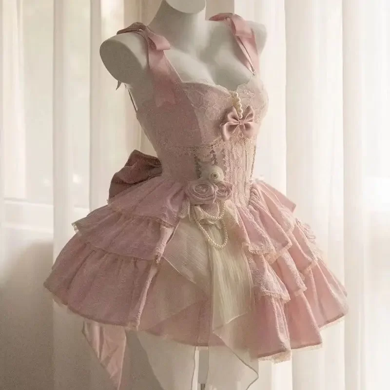 

Kawaii Lolita Girl Jsk Suspender Dress Women Beads Flower Ballet Three-stage Ruffle Cake Dress Princess Banquet Birthday Dresses