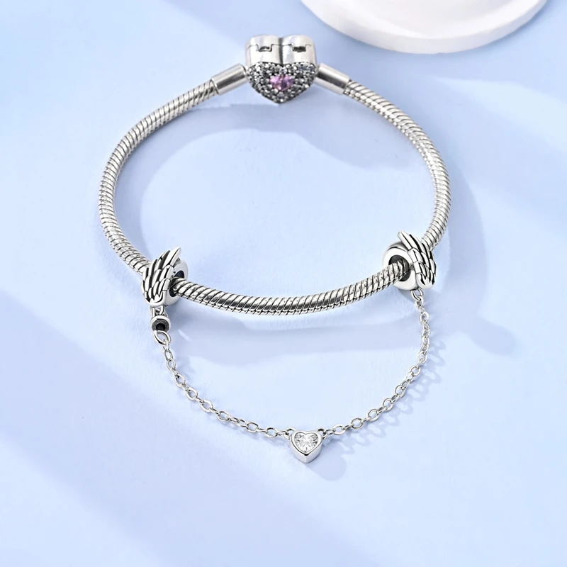925 Sterling Silver Angel Wing Safety Chain Zircon Heart Pendant Fit Original Bracelet DIY  Romantic Jewelry Lovers Gift