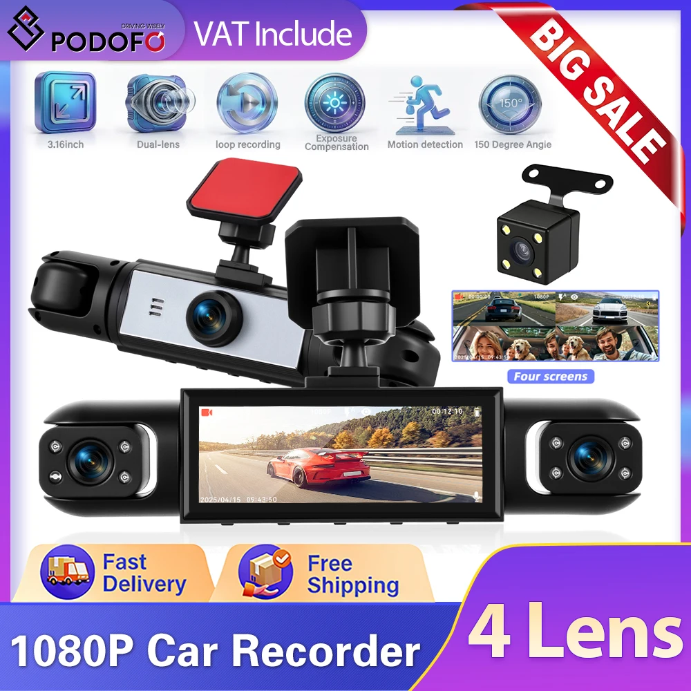 Caméra embarquée Podofo 3,16 pouces 1080P 4 objectifs, enregistreur DVR GPS WIFI avec détection de mouvement pour voiture, caméra de recul avant gauche et droite.