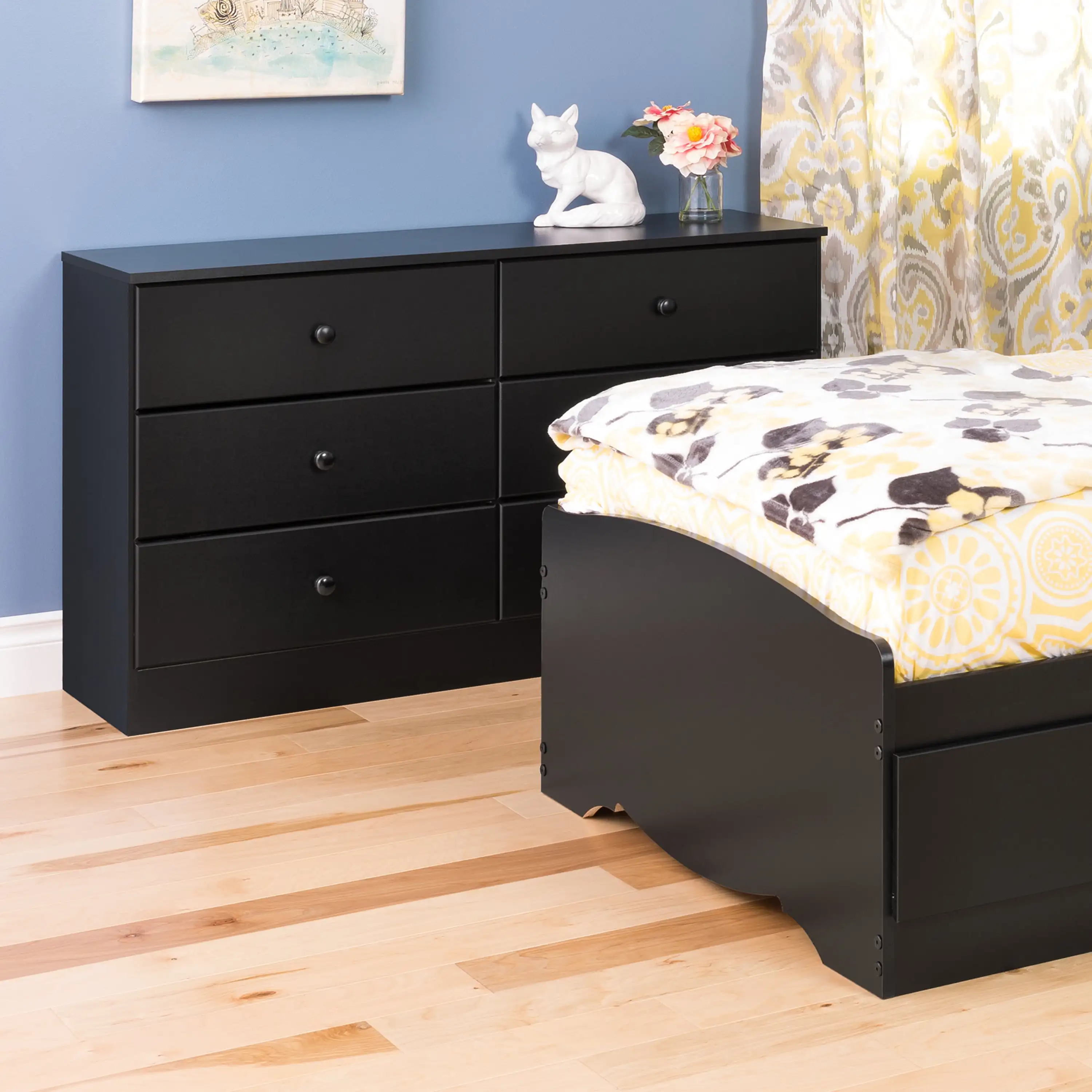 NEW Astrid 6 Drawer Wooden Double Dresser 16" x 47.25" x 28.25" Black