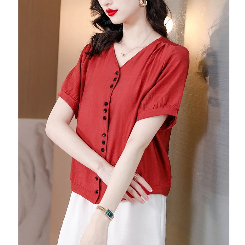 2023 Women Summer Korean Fashion V Neck Short Sleeve Button Up Shirt Casual Solid Loose Blouse Elegant Simple Tops Ropa De Mujer