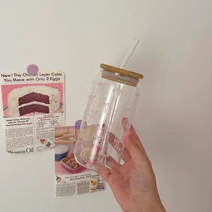 Nette Glasgläser mit Bambus und Strohdeckel, Eis, heißem Kaffee, Saft, Glas, Glas, 500 ml, Geschenk 8 Hauptverkäufe Bambusfaserbecher - №7