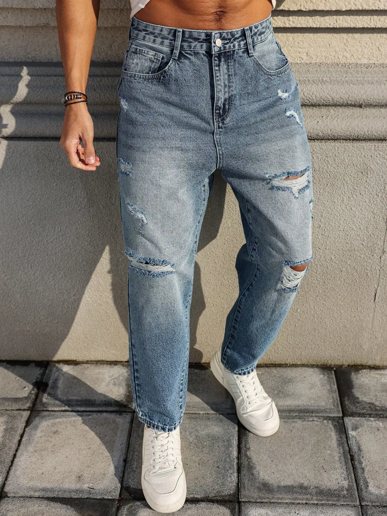 Vaqueros rasgados azules para hombre, pantalones de mendigo desgastados retro, pantalones harem sueltos de tendencia callejera