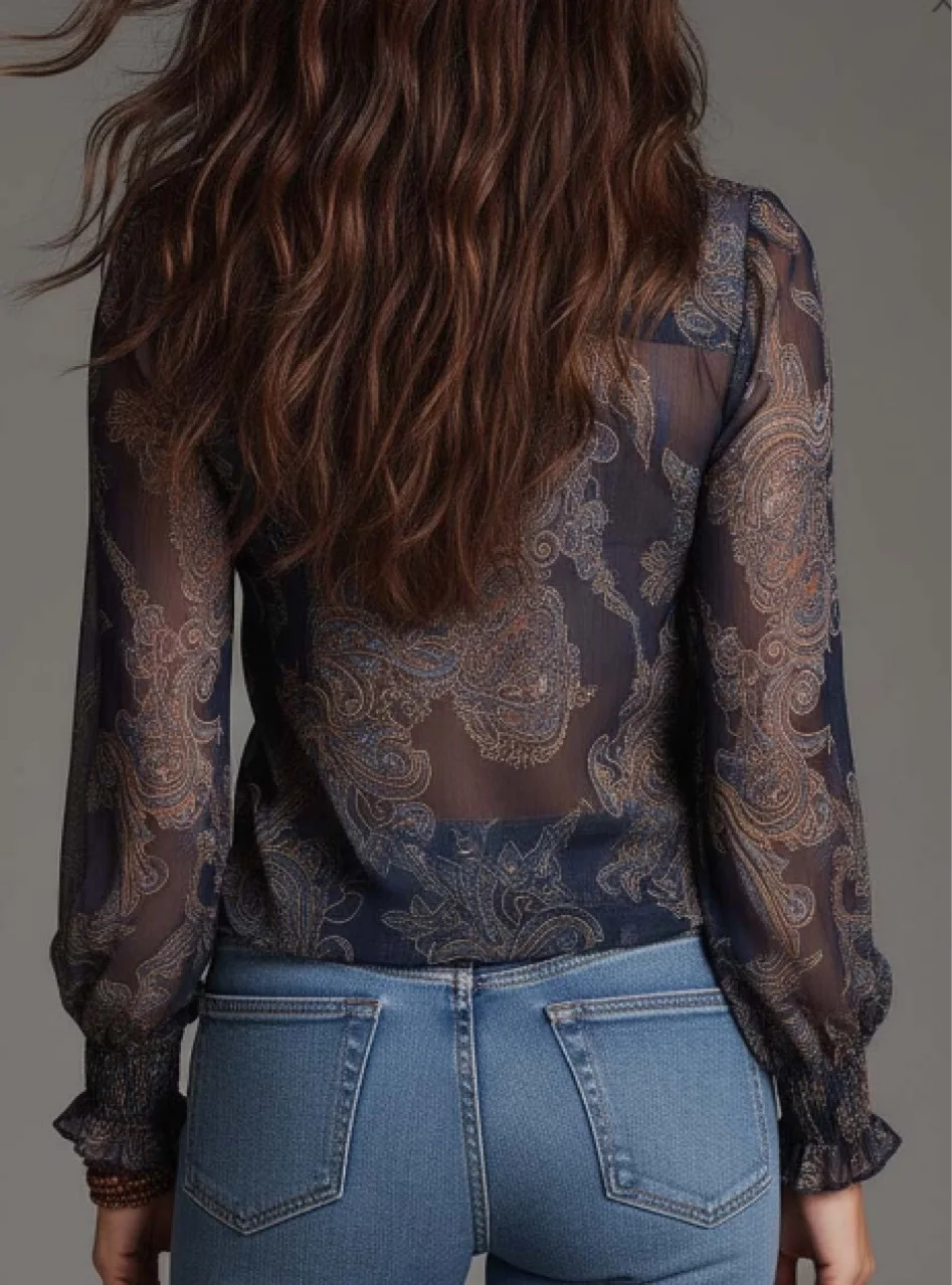 Kemeja Wanita Kerah V Berkerut Seksi Mode Elegan Motif Paisley Atasan Ritsleting Lengan Panjang Tipis Blus Sifon Pakaian Jalanan Blusas Femme
