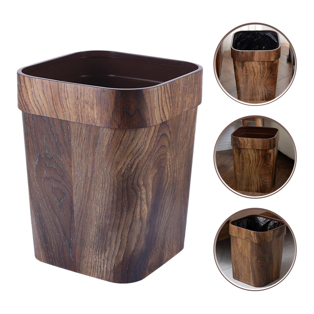 

Trash Can with Lid Retro Bedroom No Cover Bathroom Imitation Wood Grain Rubbish Bin Coffee Waste Office