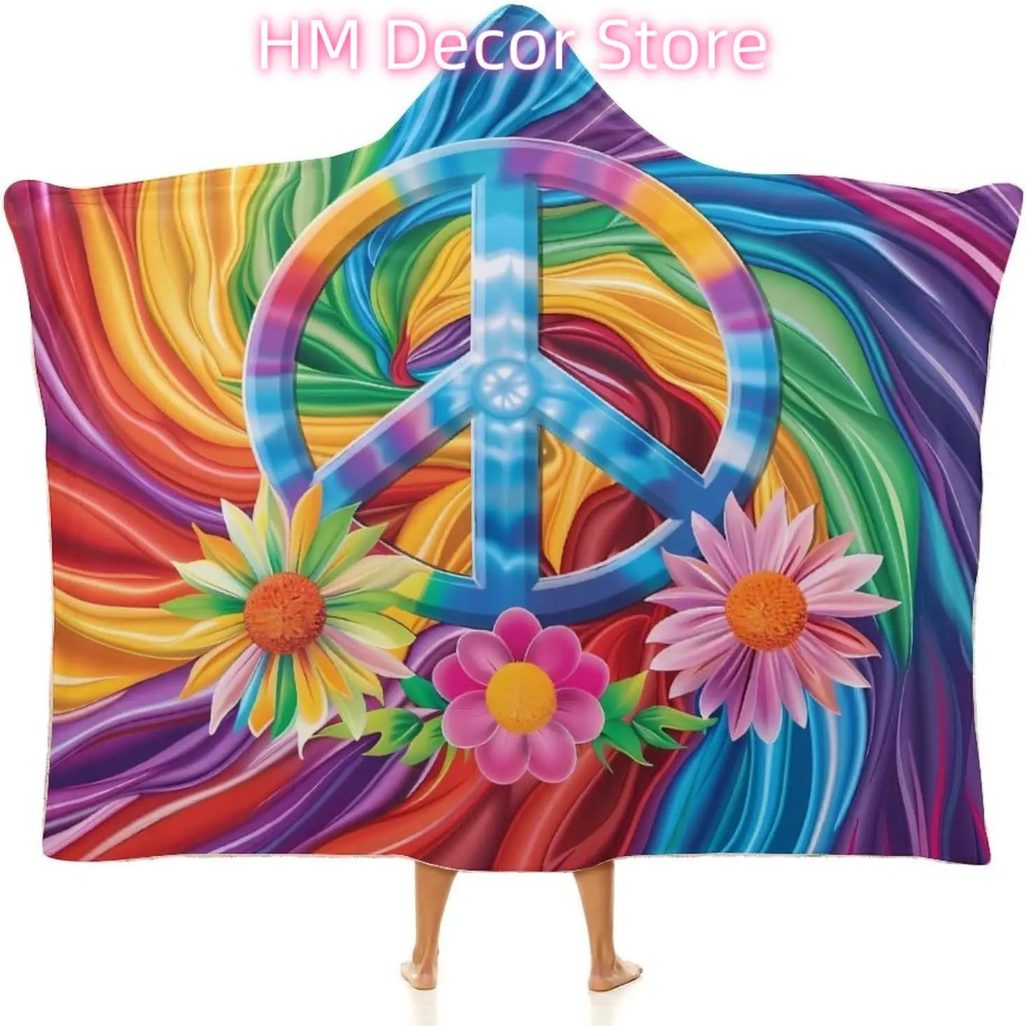 Colorful Peace Sign Tie Dye Wearable Hooded Blanket Warm Cozy Blanket Wrap Oversized Throw Cape