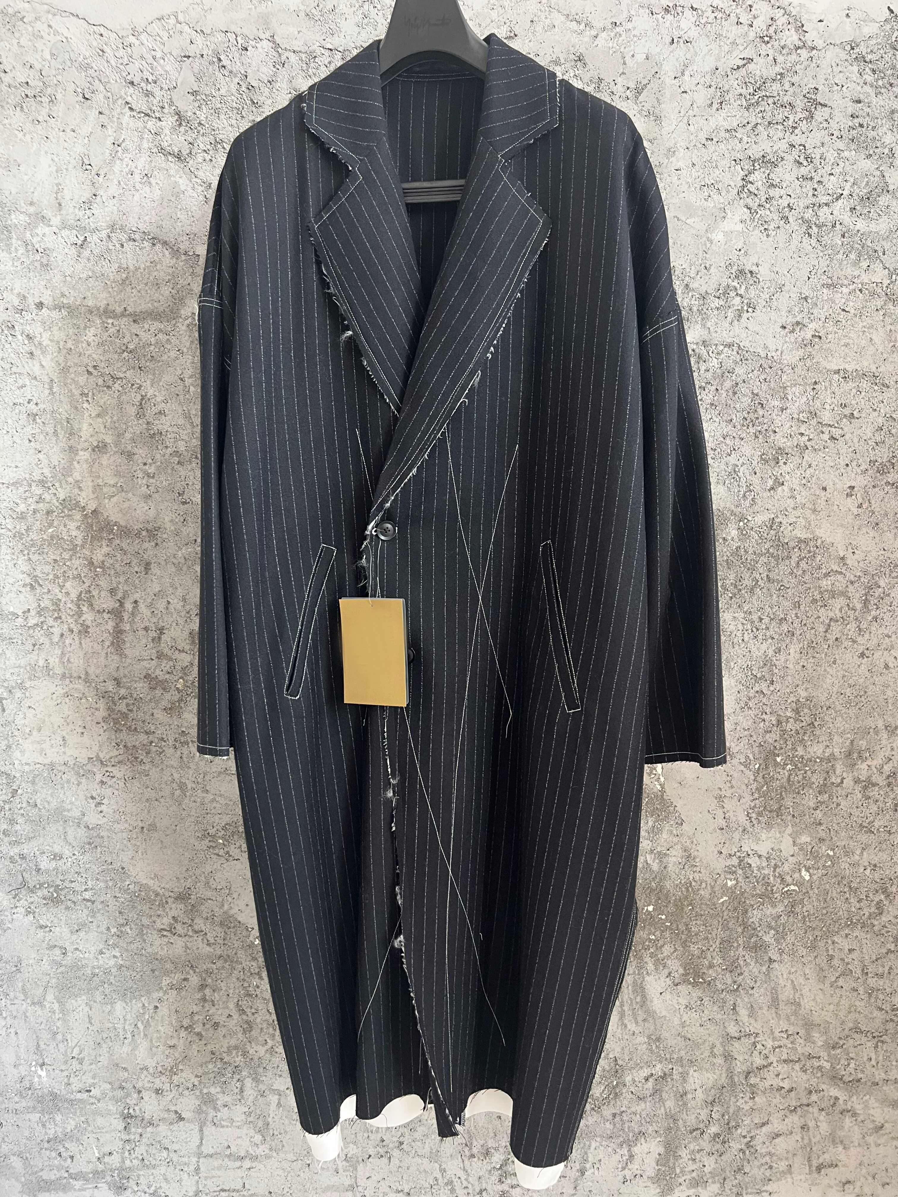 TOP-YAMAMOTO striped wool mid-length trench coat with copper ammonia wool fringes