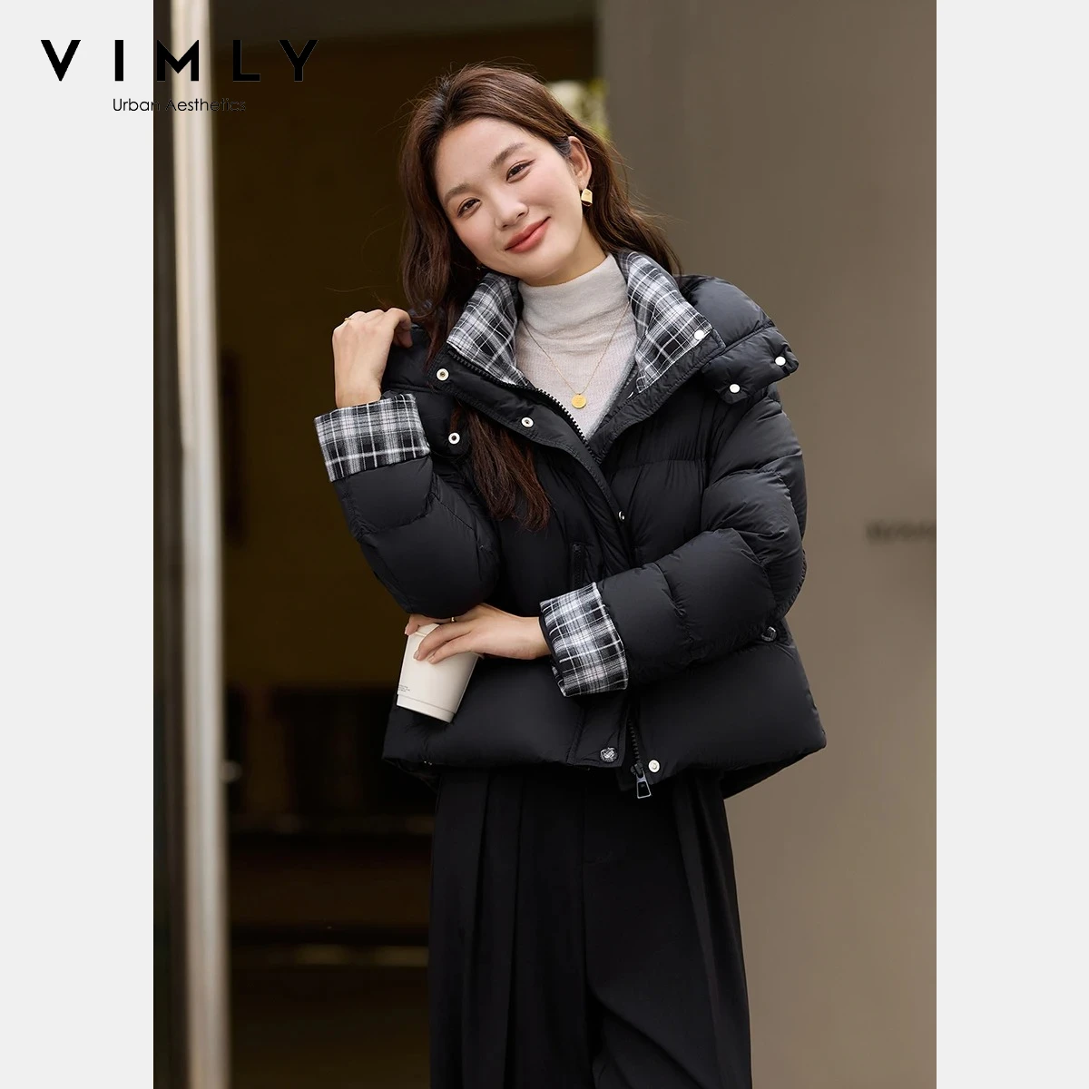 

VIMLY Women's Black Down Coat Office Lady Plaid Spliced Cuff Hooded Coats Winter 2025 Zip Up Long Sleeve Female Jackets 50859