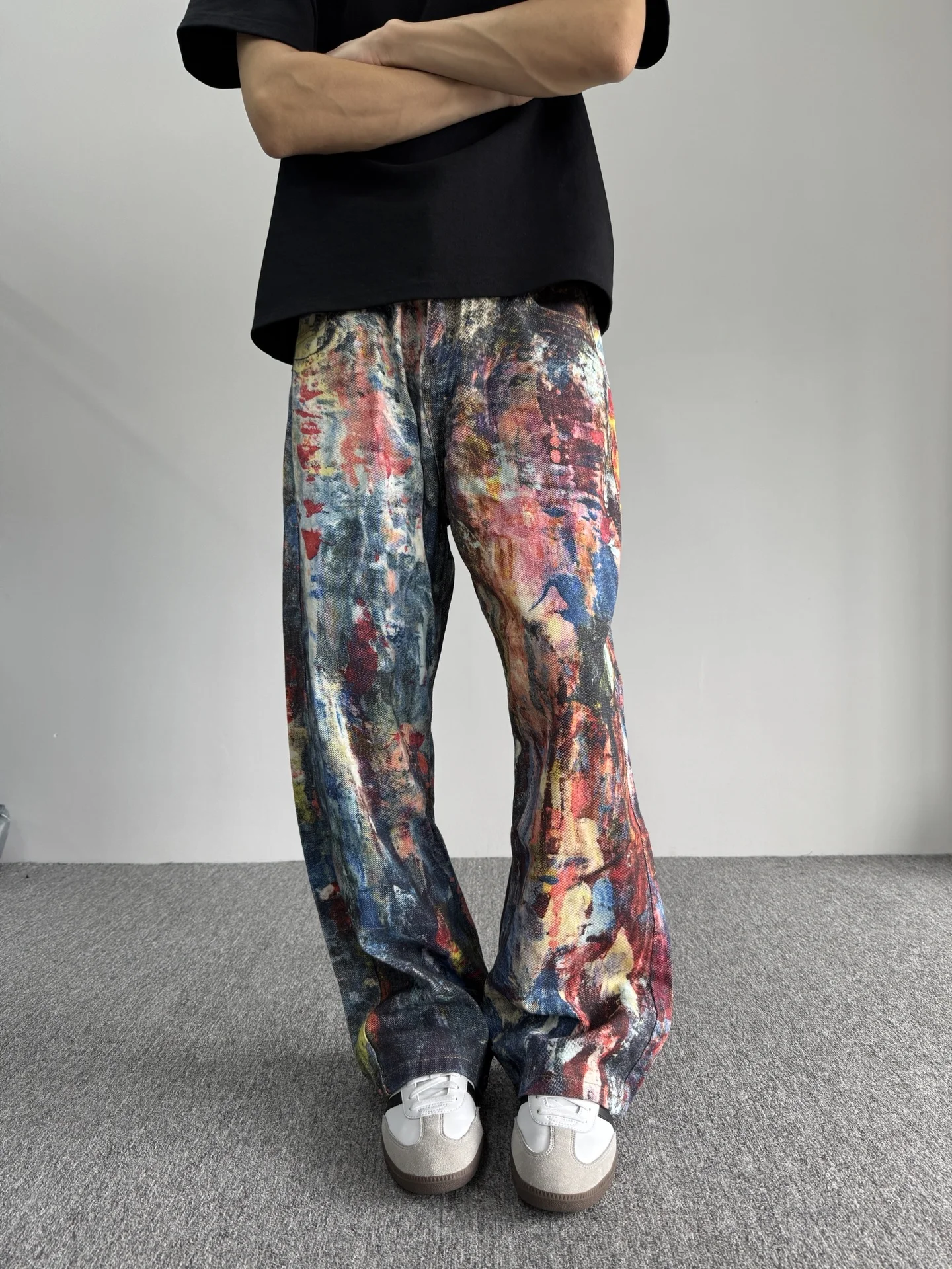 

American Retro fiti Dyeing Oil Painting Loose Straight Leg Men's Jeans Design Sensation Casual Wear All-Match Long Trousers